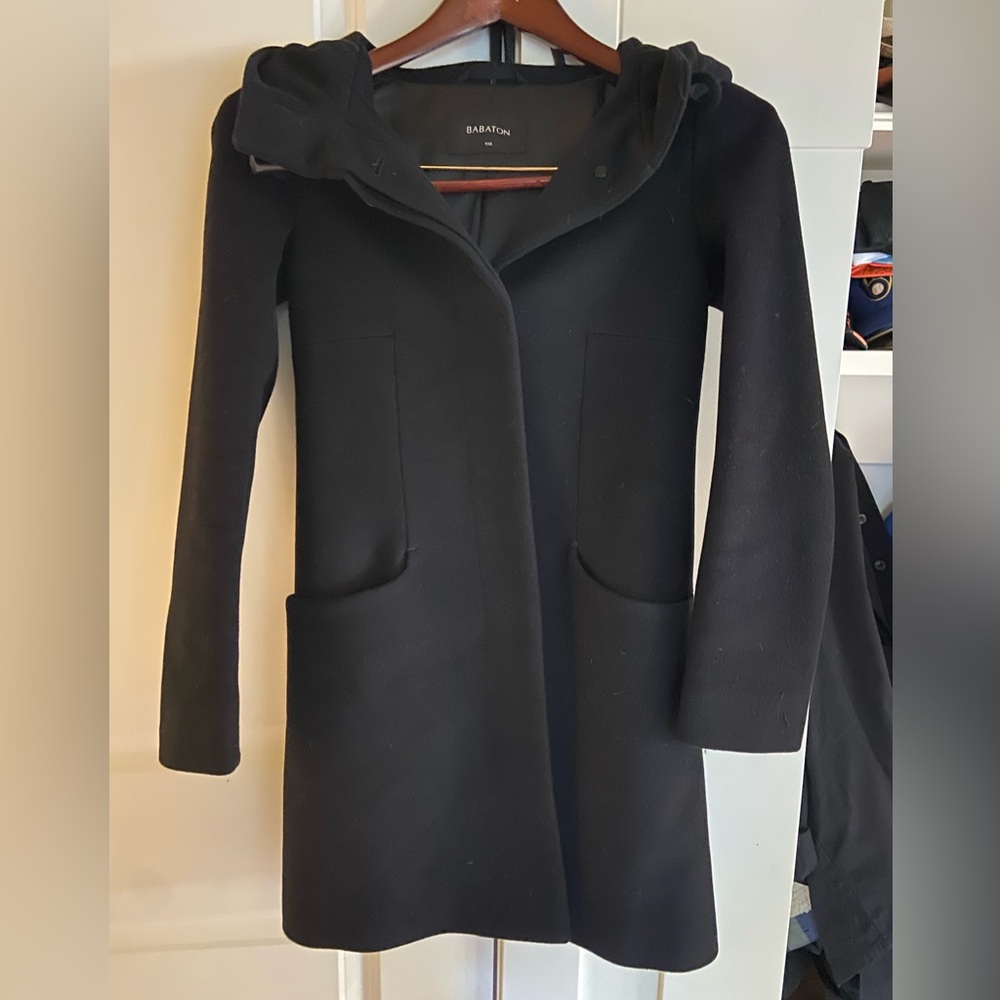 Aritzia Babaton four button black pea coat with hood.  Size XXS.